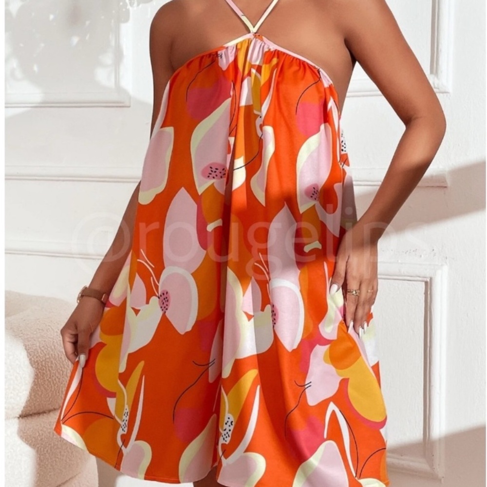 Rouge! Vibrant Floral Mini Dress in Orange and Pink